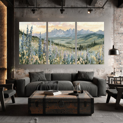 Mountain wildflower valley painting set of 3 poster prints in an industrial loft