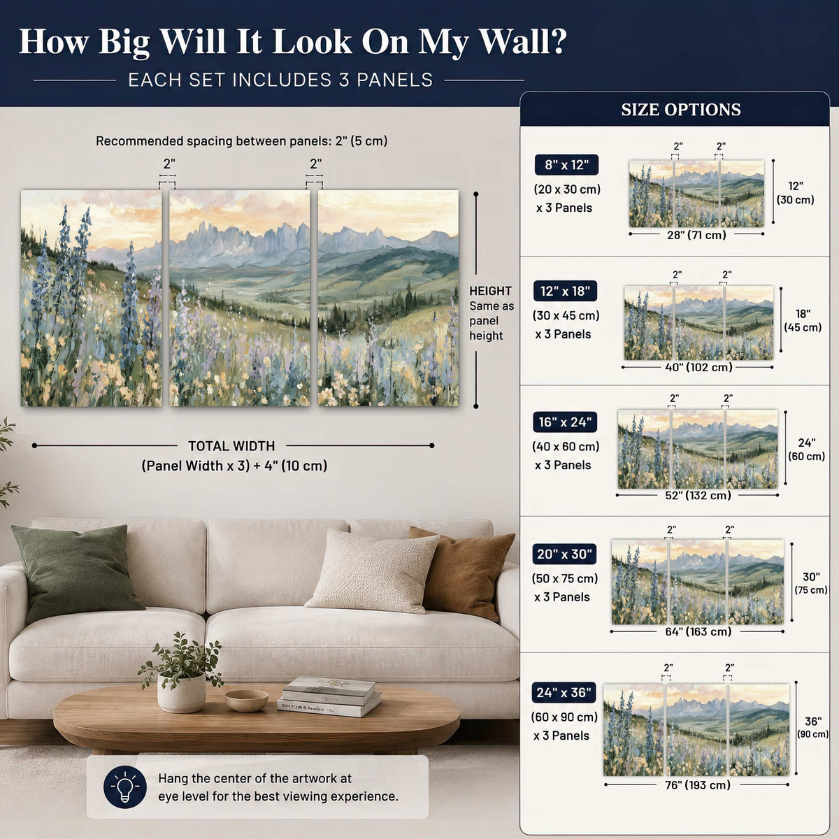Mountain wildflower valley painting set of 3 poster prints size guide above a sofa