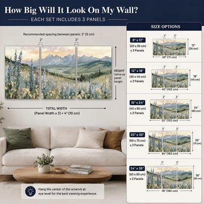 Mountain wildflower valley painting set of 3 poster prints size guide above a sofa