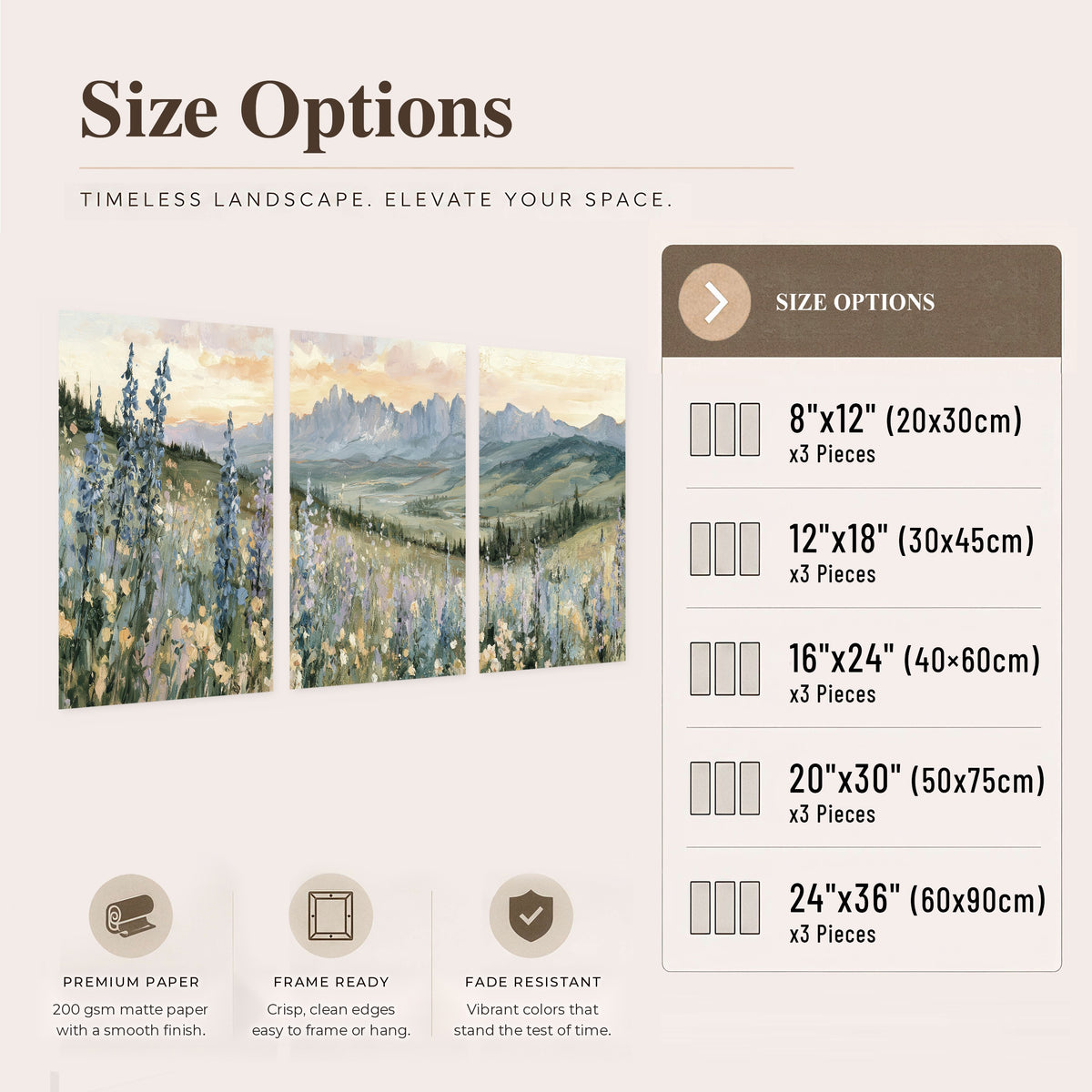 Mountain wildflower valley painting set of 3 poster prints size options