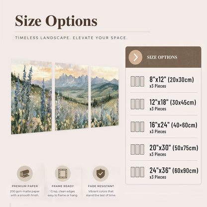 Mountain wildflower valley painting set of 3 poster prints size options