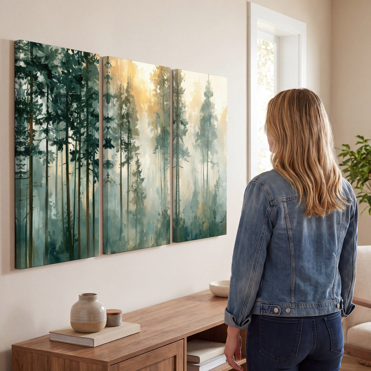 Misty pine forest watercolor painting 3 piece canvas wall art in a living room