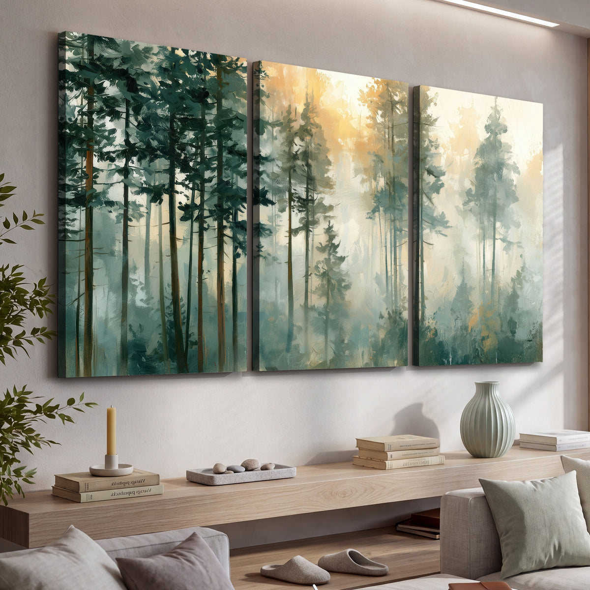 Misty pine forest watercolor painting 3 piece canvas wall art in a living room above a console
