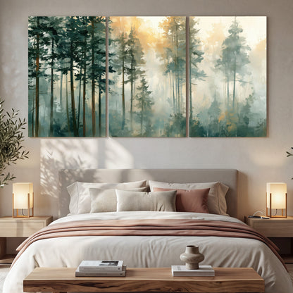 Misty pine forest watercolor painting 3 piece canvas wall art in a bedroom above the bed