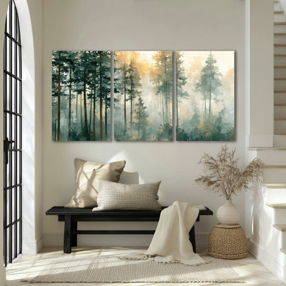 Misty pine forest watercolor painting 3 piece canvas wall art in an entryway above a bench