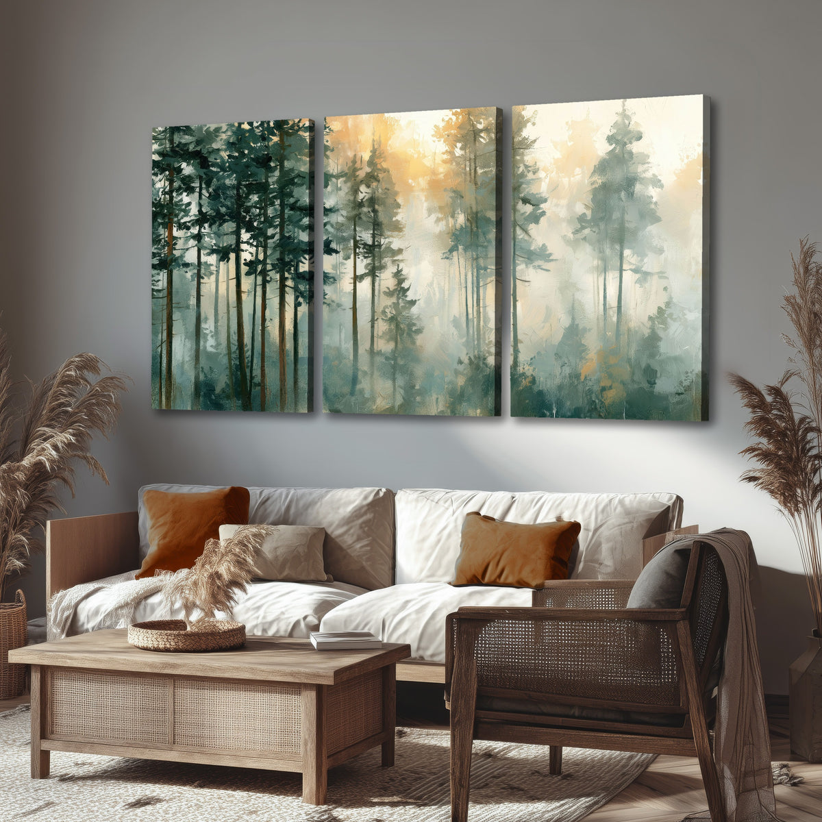 Misty pine forest watercolor painting 3 piece canvas wall art in a rustic living room