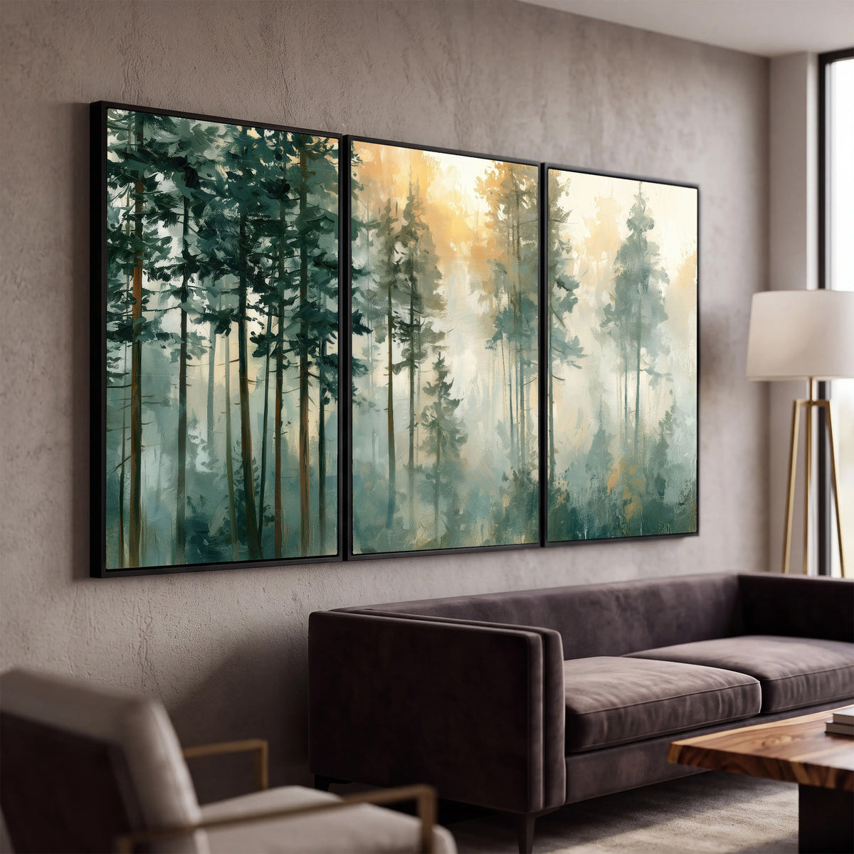 Misty pine forest watercolor painting 3 piece canvas wall art in a modern living room