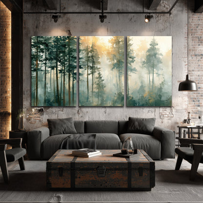 Misty pine forest watercolor painting 3 piece canvas wall art in an industrial loft
