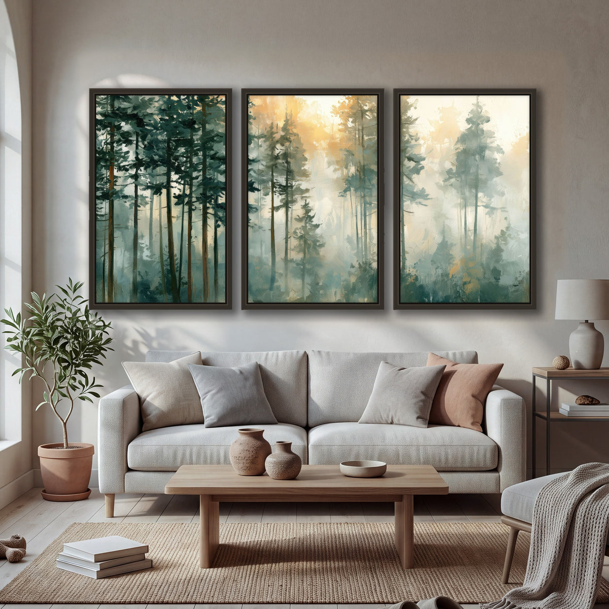 Misty pine forest watercolor painting 3 piece framed canvas in a bright living room