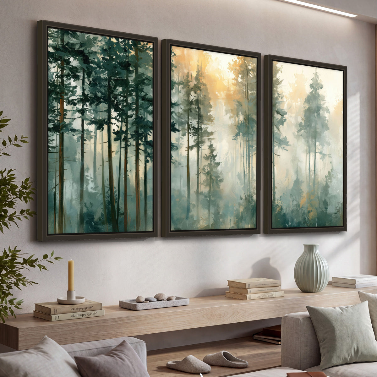 Misty pine forest watercolor painting 3 piece framed canvas in a living room above a console