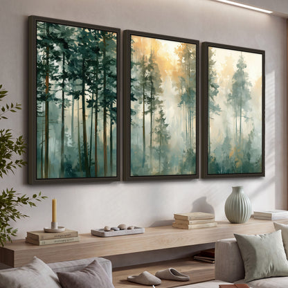 Misty pine forest watercolor painting 3 piece framed canvas in a living room above a console