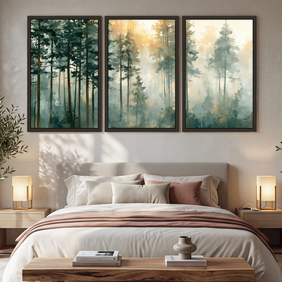 Misty pine forest watercolor painting 3 piece framed canvas in a bedroom above the bed