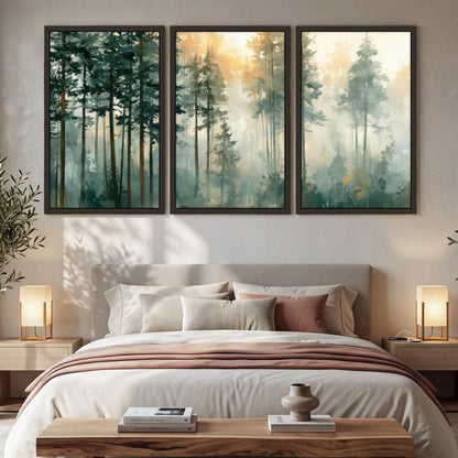 Misty pine forest watercolor painting 3 piece framed canvas in a bedroom above the bed