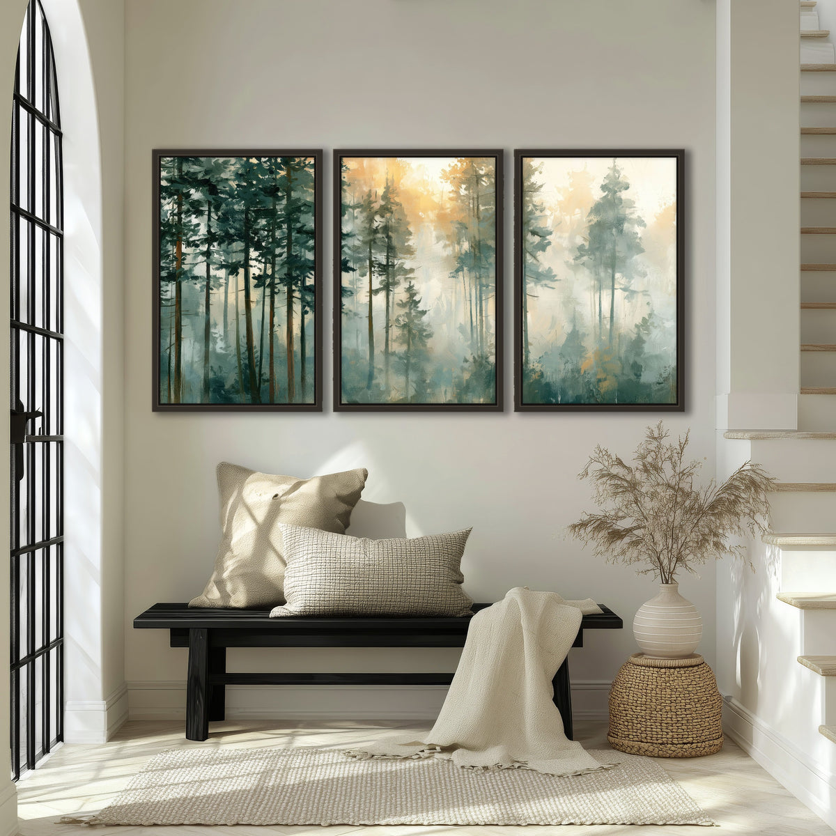 Misty pine forest watercolor painting 3 piece framed canvas in an entryway above a bench
