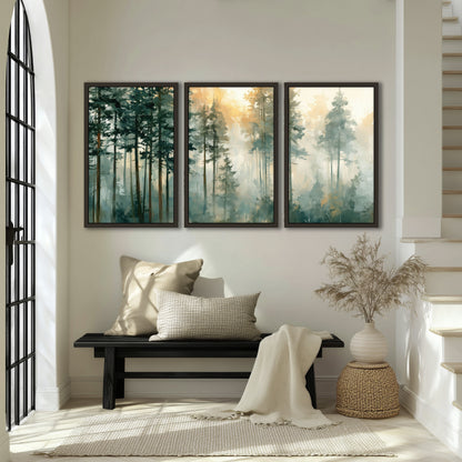 Misty pine forest watercolor painting 3 piece framed canvas in an entryway above a bench