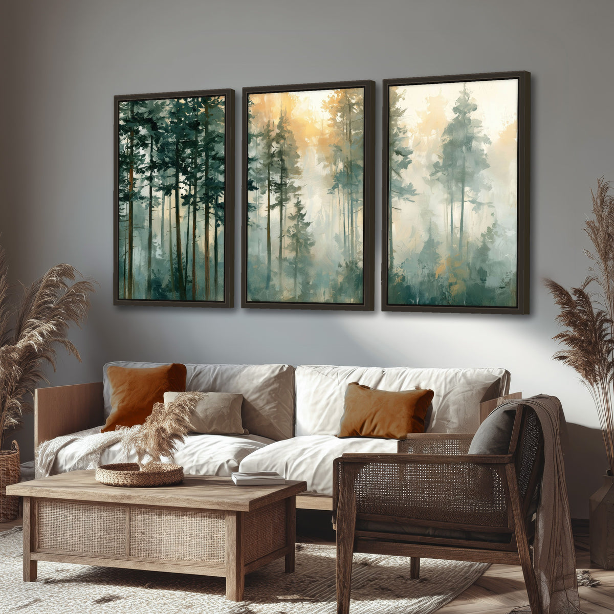 Misty pine forest watercolor painting 3 piece framed canvas in a rustic living room