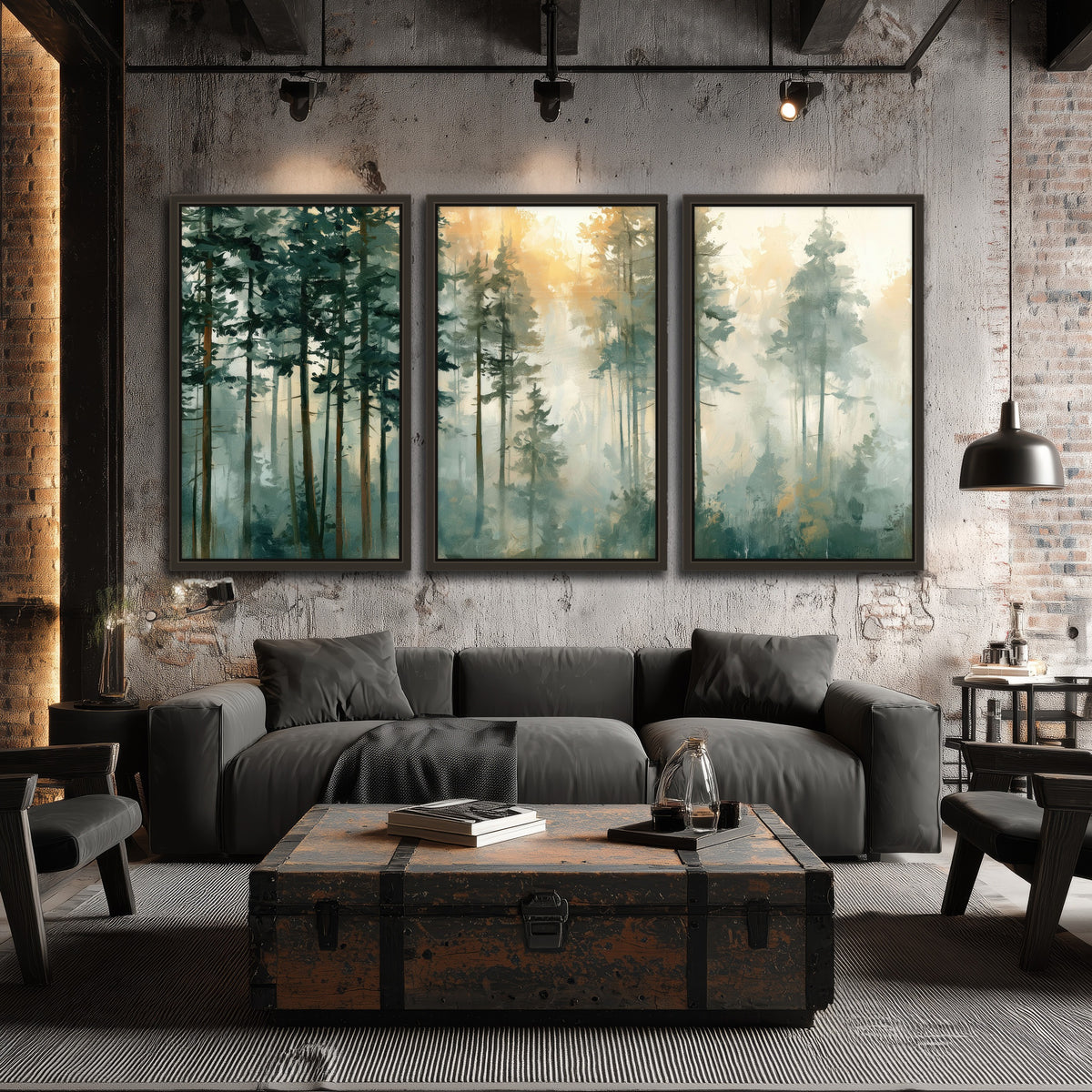 Misty pine forest watercolor painting 3 piece framed canvas in an industrial loft