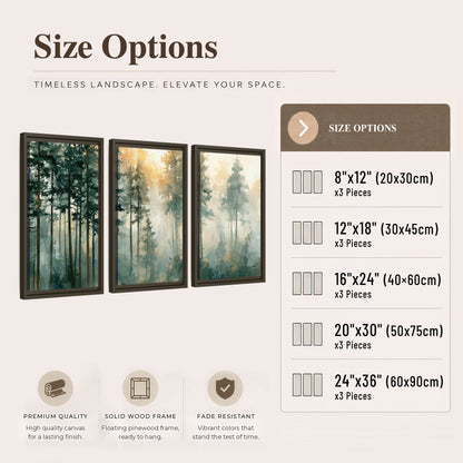 Misty pine forest watercolor painting 3 piece framed canvas size options