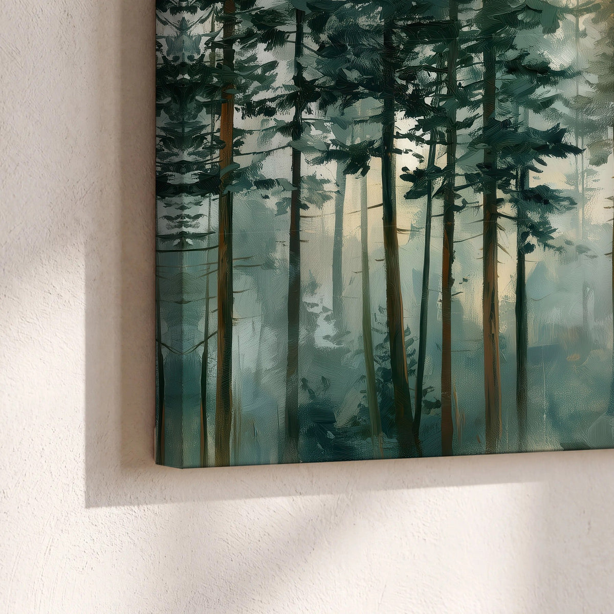 Misty pine forest watercolor painting canvas print close-up showing the gallery-wrapped edge