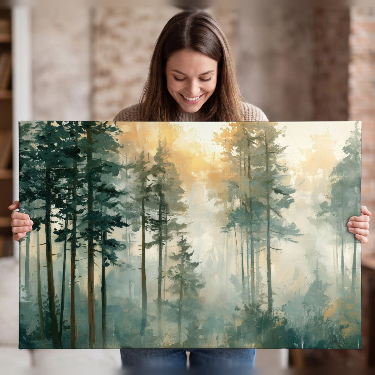 Misty pine forest watercolor painting canvas wall art held in hands