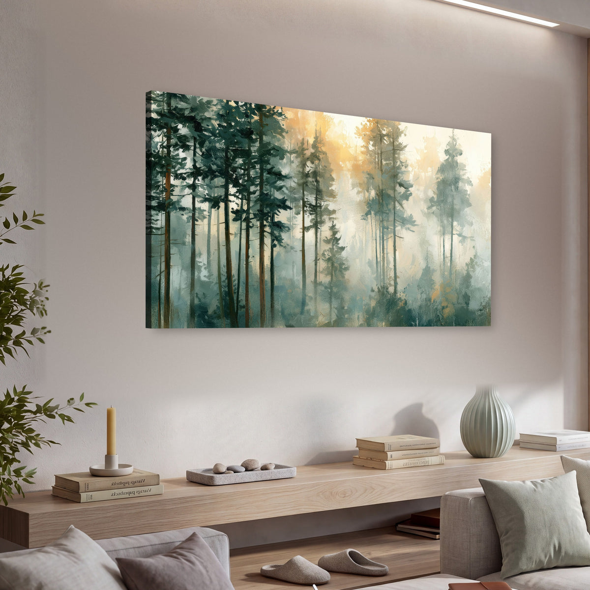 Misty pine forest watercolor painting canvas wall art in a living room above a console