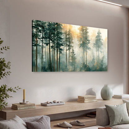 Misty pine forest watercolor painting canvas wall art in a living room above a console