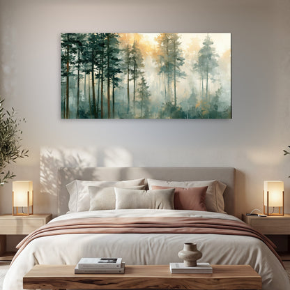 Misty pine forest watercolor painting canvas wall art in a bedroom above the bed