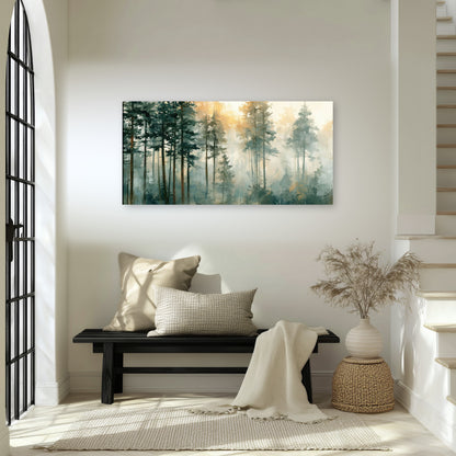 Misty pine forest watercolor painting canvas wall art in an entryway above a bench