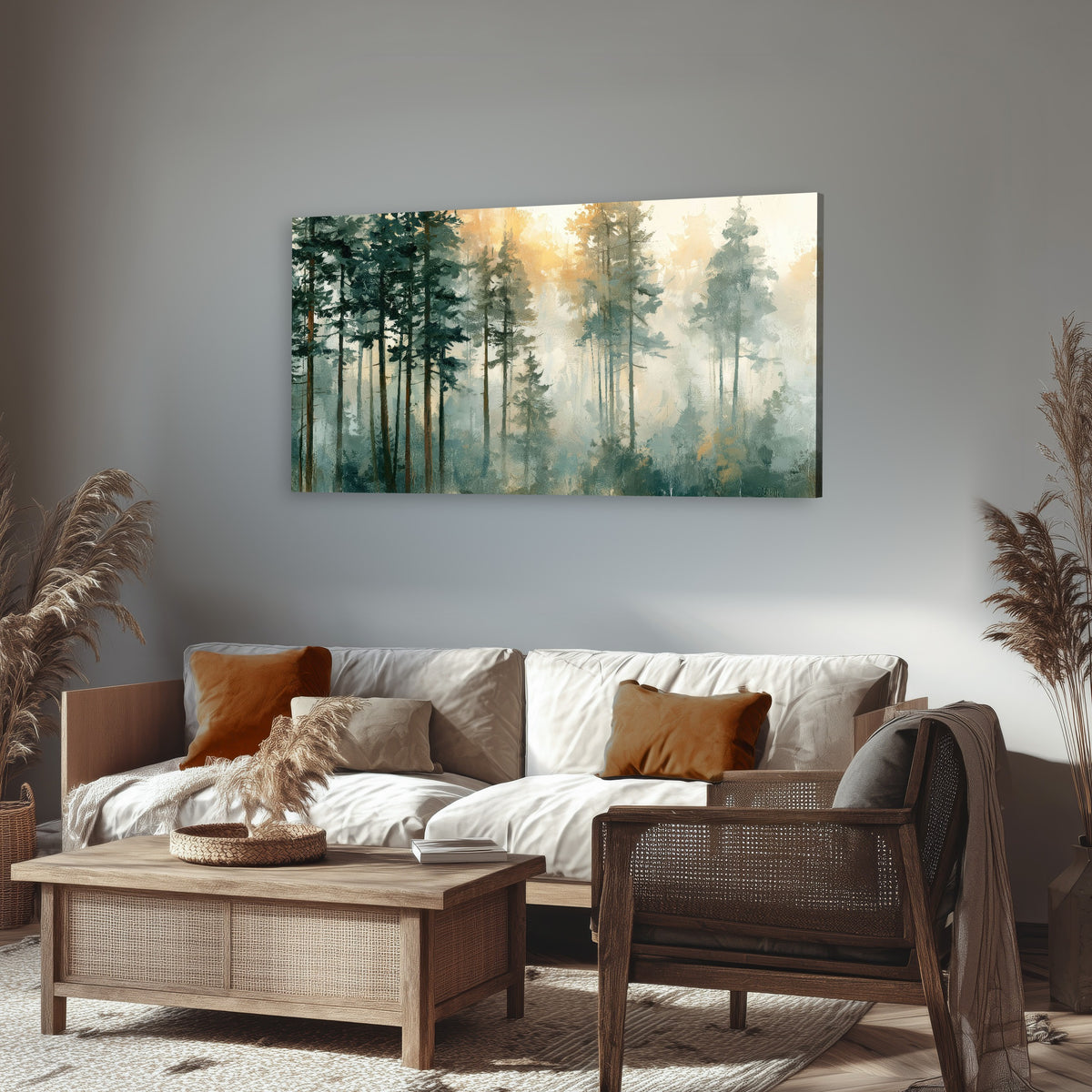 Misty pine forest watercolor painting canvas wall art in a rustic living room