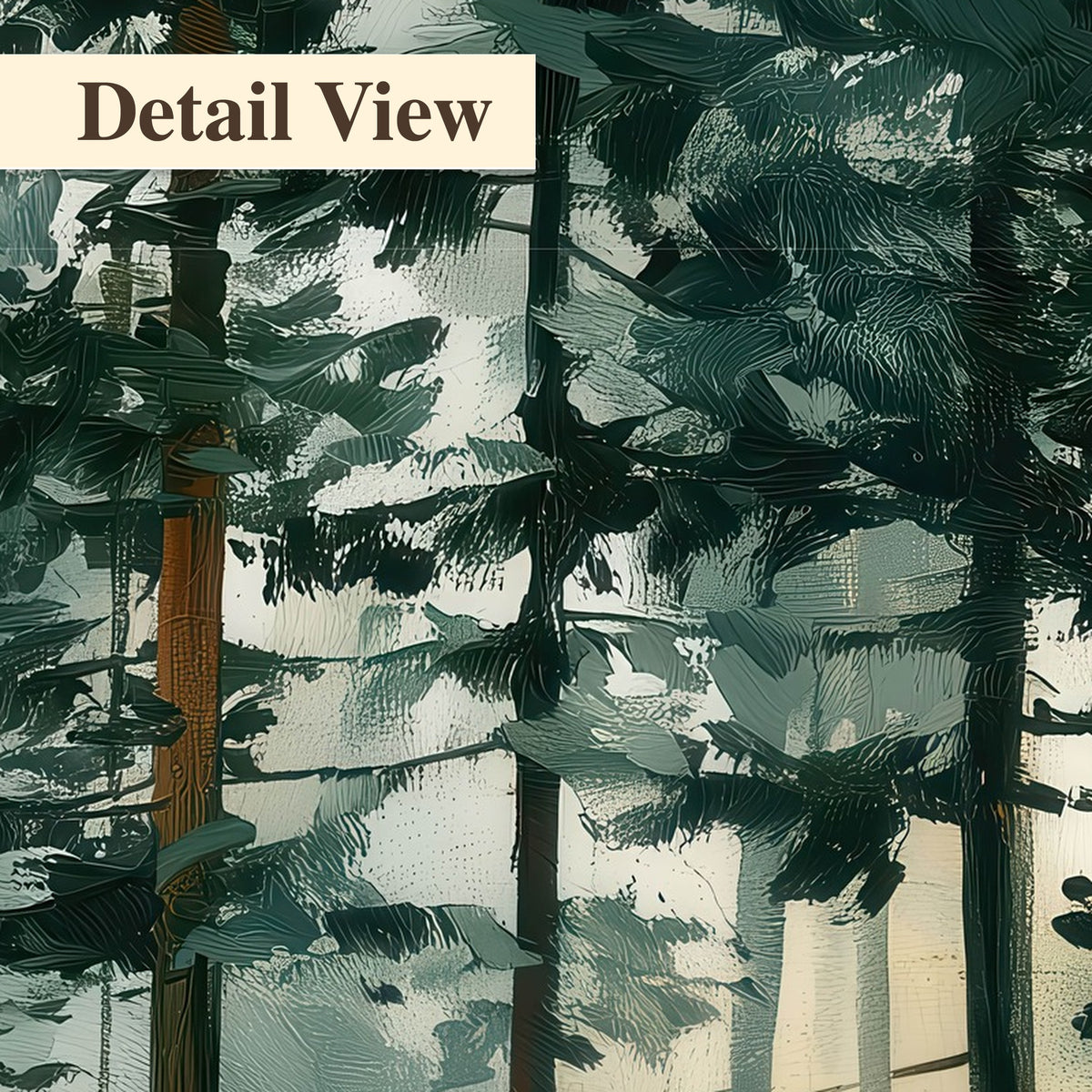 Misty pine forest watercolor painting detail close-up