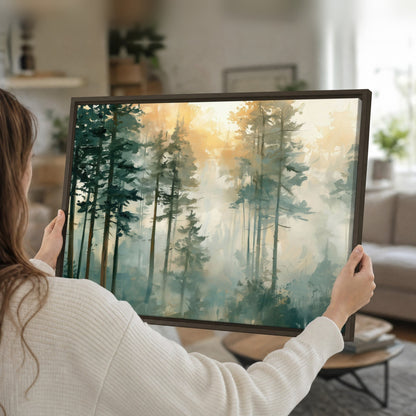 Misty pine forest watercolor painting framed canvas held in hands