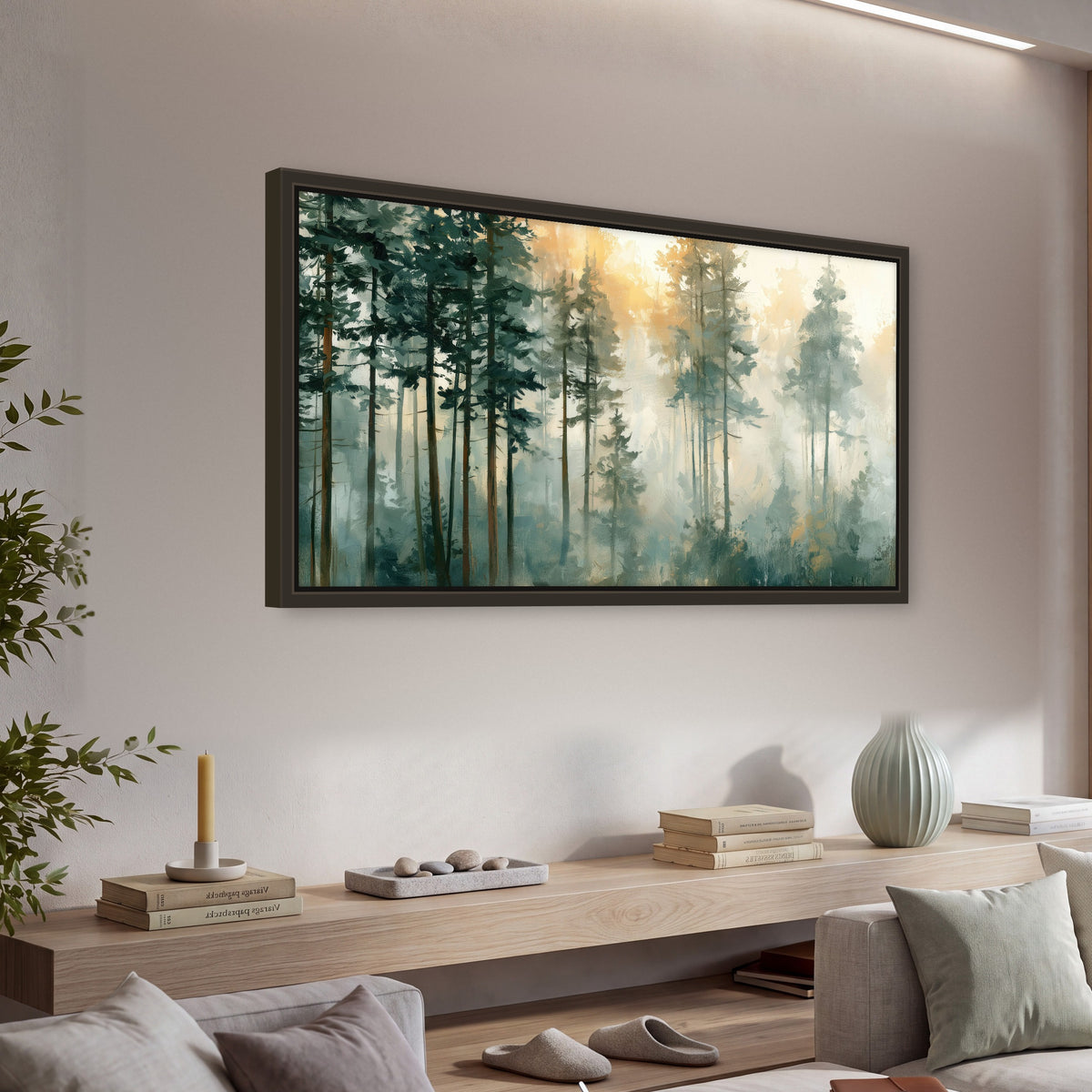 Misty pine forest watercolor painting framed canvas wall art in a living room above a console