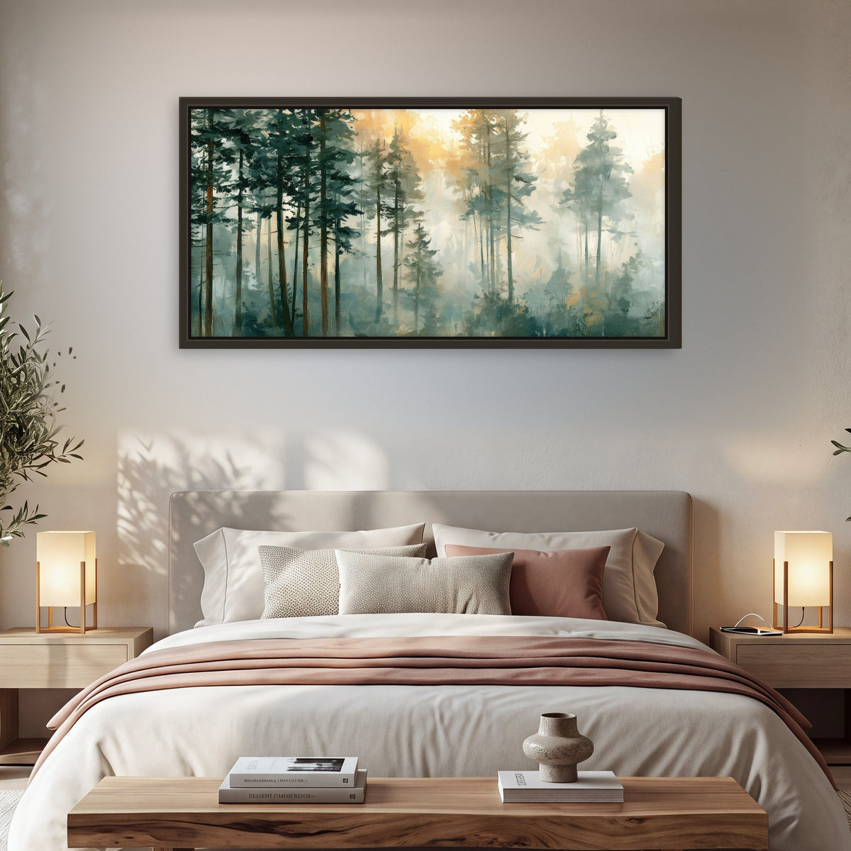 Misty pine forest watercolor painting framed canvas wall art in a bedroom above the bed