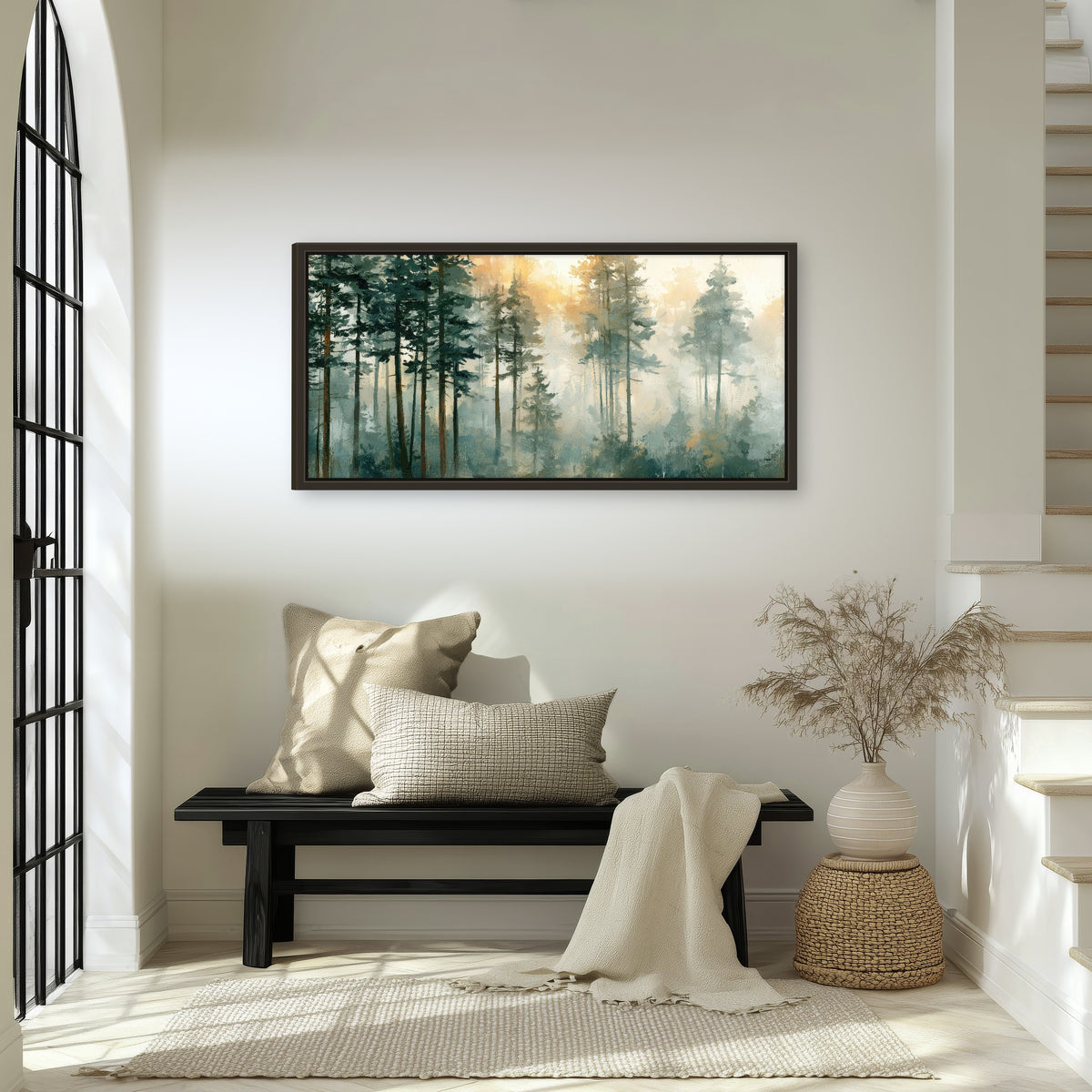 Misty pine forest watercolor painting framed canvas wall art in an entryway above a bench