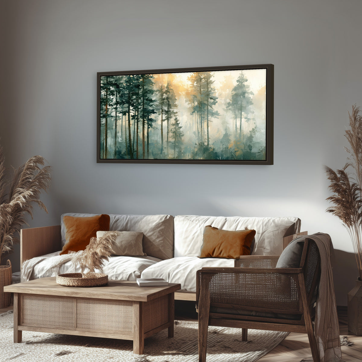 Misty pine forest watercolor painting framed canvas wall art in a rustic living room