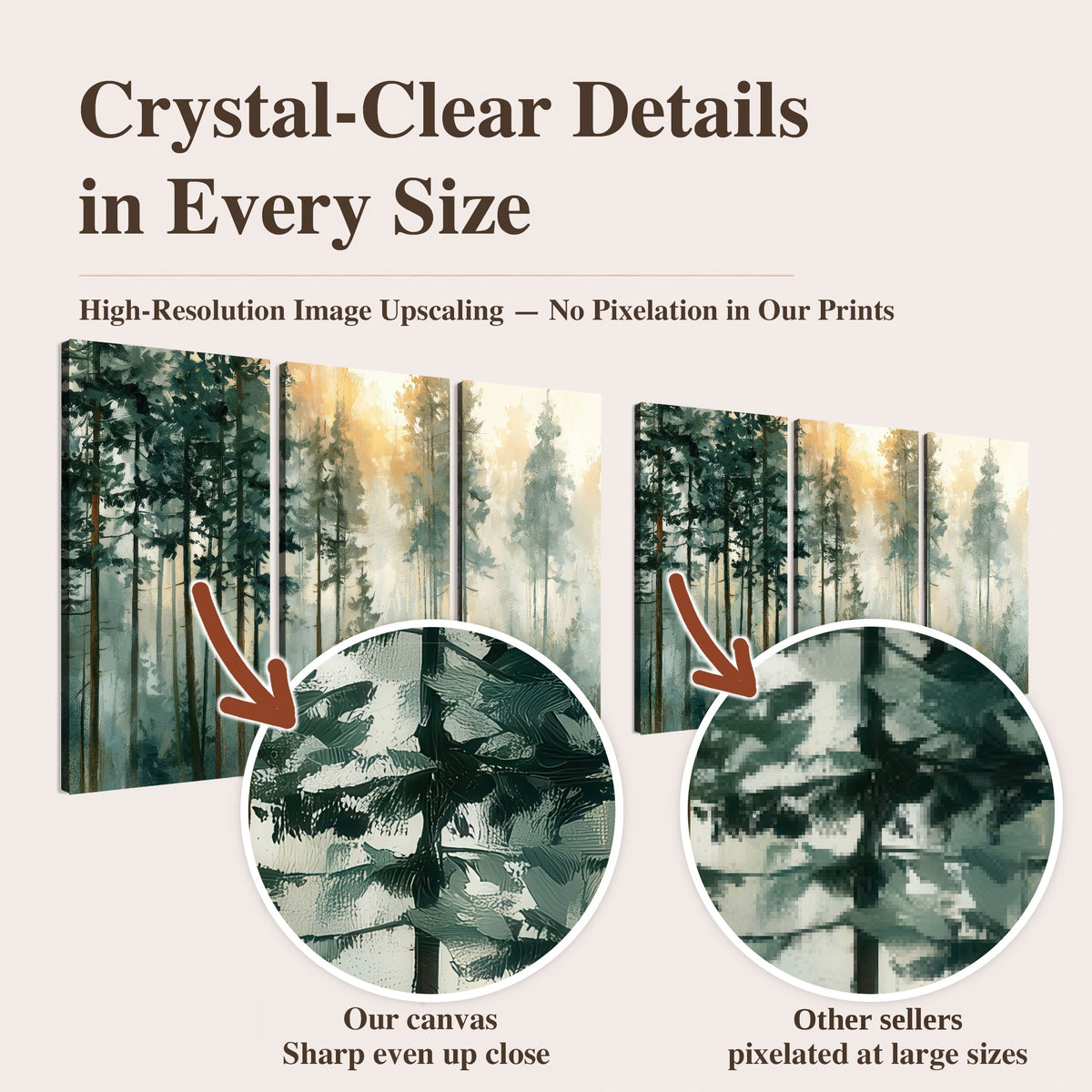 Misty pine forest watercolor painting high-resolution print quality comparison