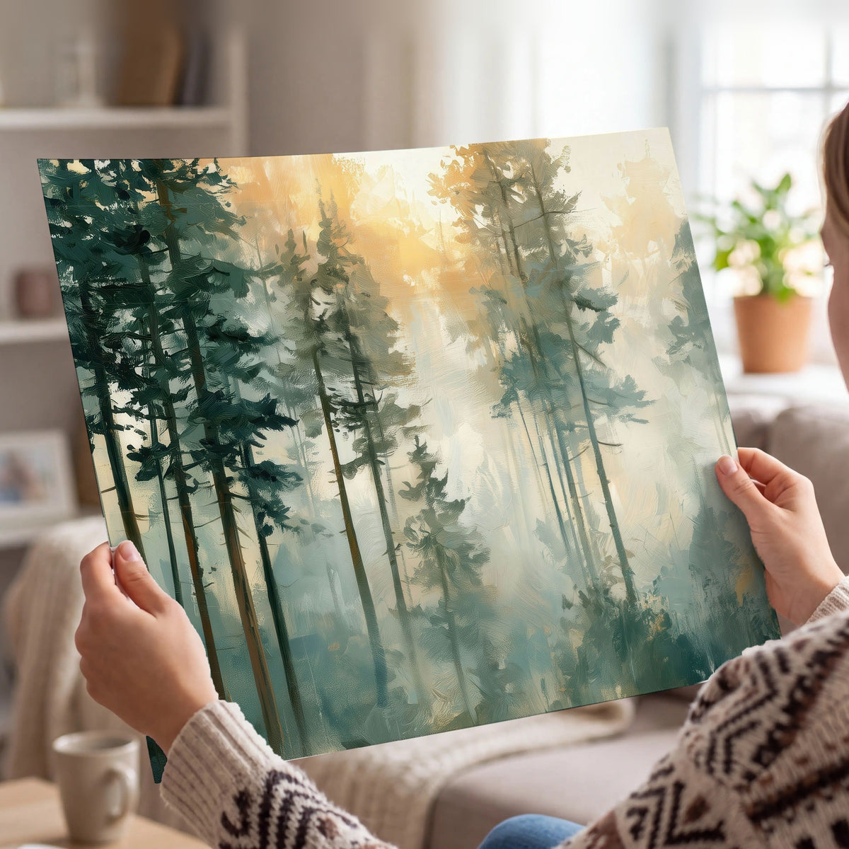 Misty pine forest watercolor painting poster print held in hands