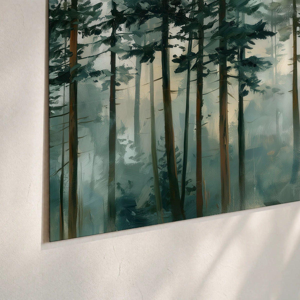 Misty pine forest watercolor painting poster print close-up on matte paper