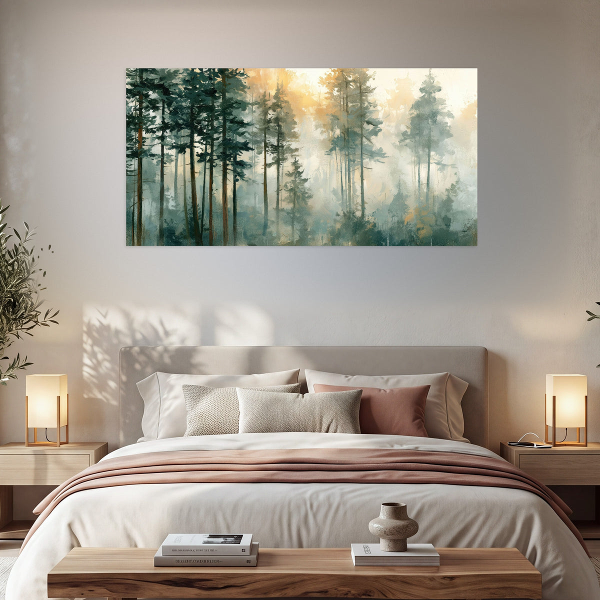 Misty pine forest watercolor painting poster print in a bedroom above the bed
