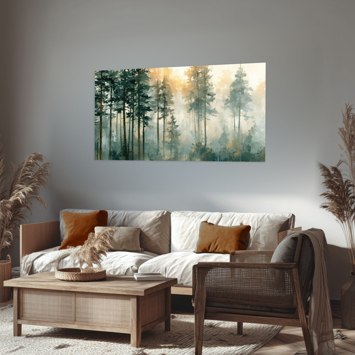 Misty pine forest watercolor painting poster print in a rustic living room