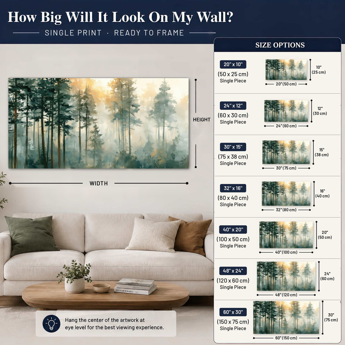 Misty pine forest watercolor painting poster print size guide above a sofa