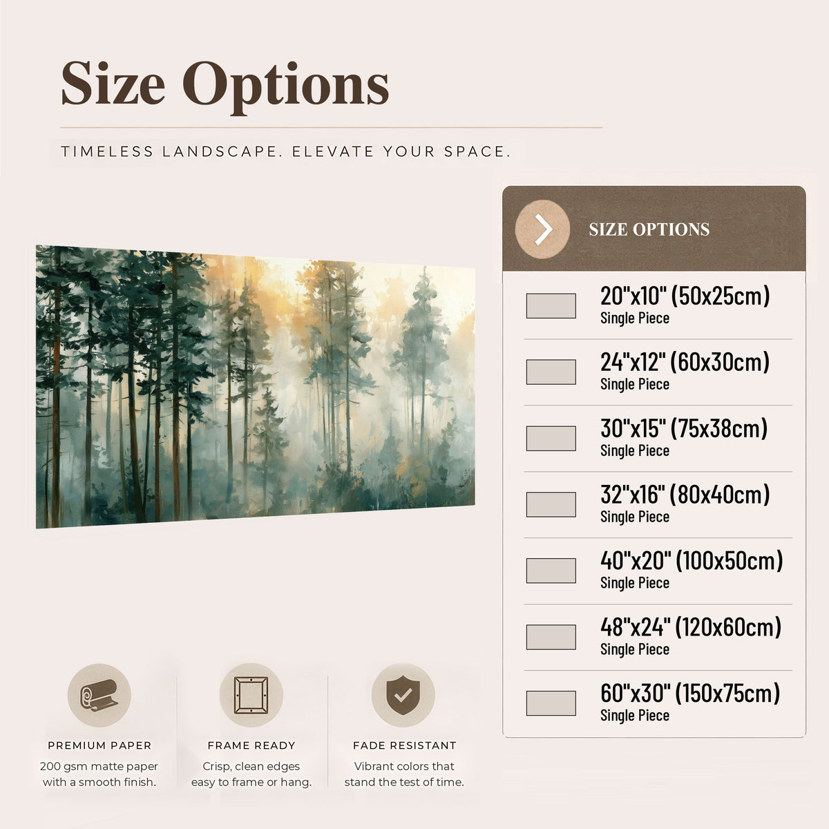 Misty pine forest watercolor painting poster print size options