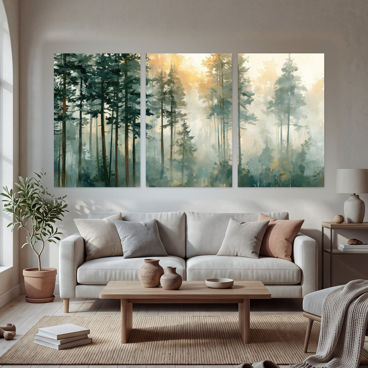 Misty pine forest watercolor painting set of 3 poster prints in a bright living room
