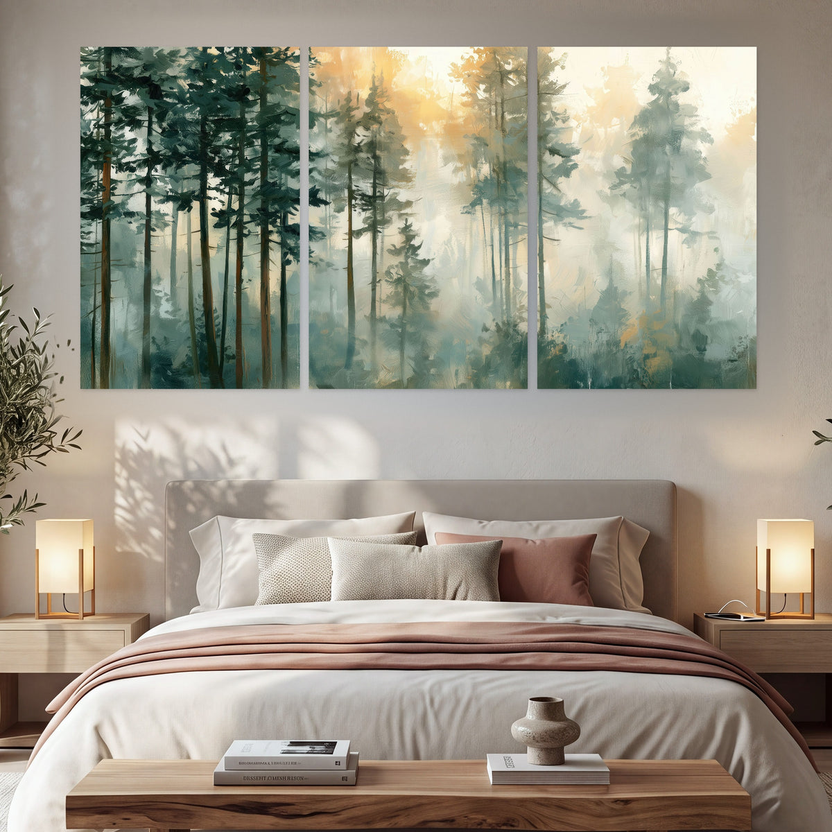 Misty pine forest watercolor painting set of 3 poster prints in a bedroom above the bed
