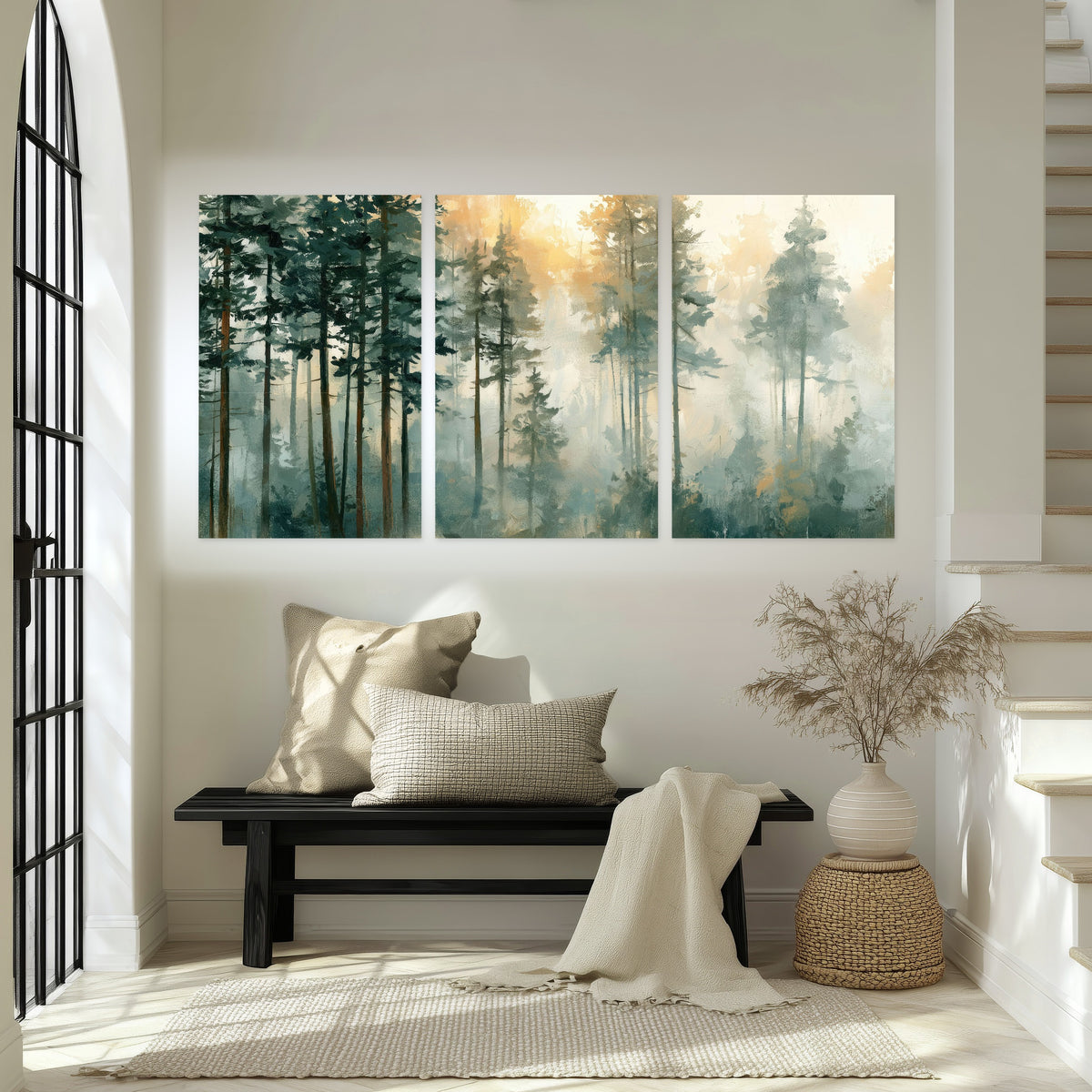 Misty pine forest watercolor painting set of 3 poster prints in an entryway above a bench
