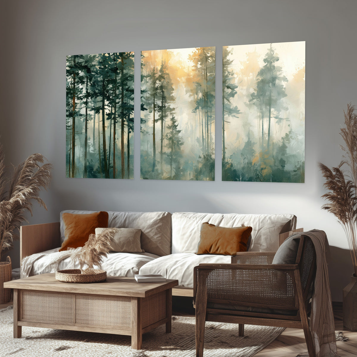 Misty pine forest watercolor painting set of 3 poster prints in a rustic living room
