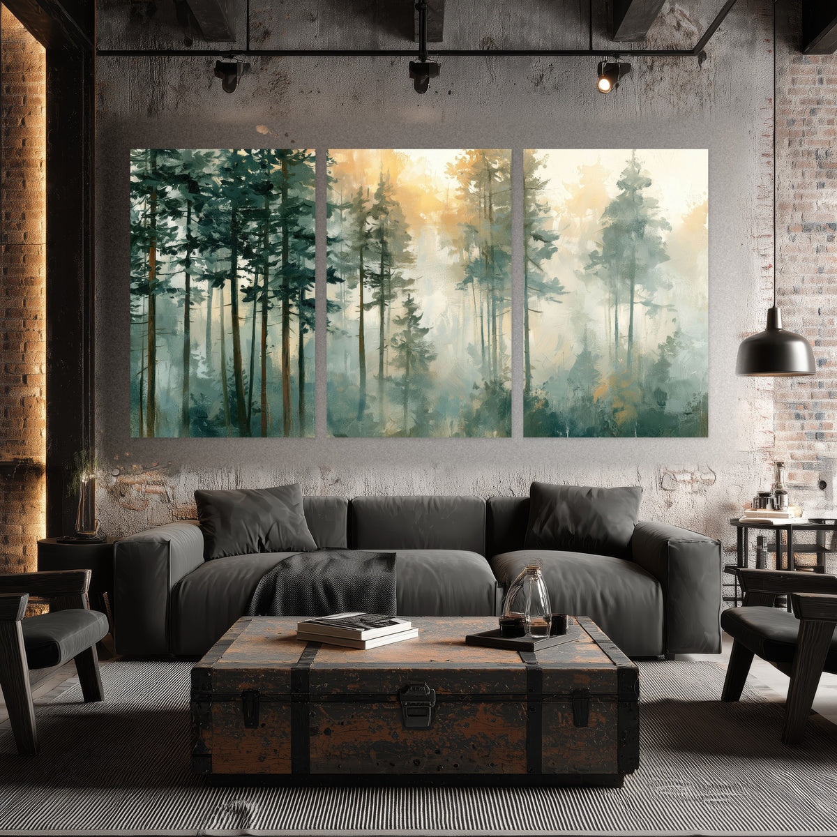 Misty pine forest watercolor painting set of 3 poster prints in an industrial loft