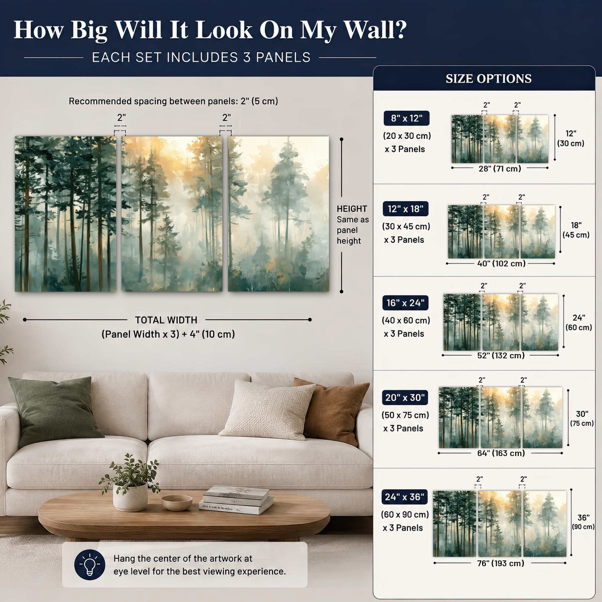 Misty pine forest watercolor painting set of 3 poster prints size guide above a sofa