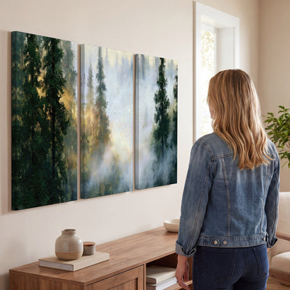 Foggy evergreen forest painting 3 piece canvas wall art in a living room