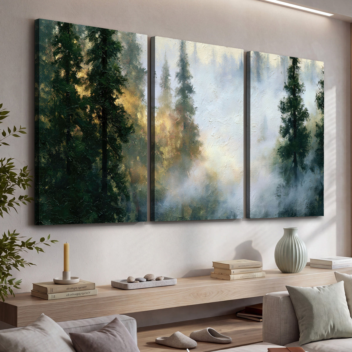 Foggy evergreen forest painting 3 piece canvas wall art in a living room above a console